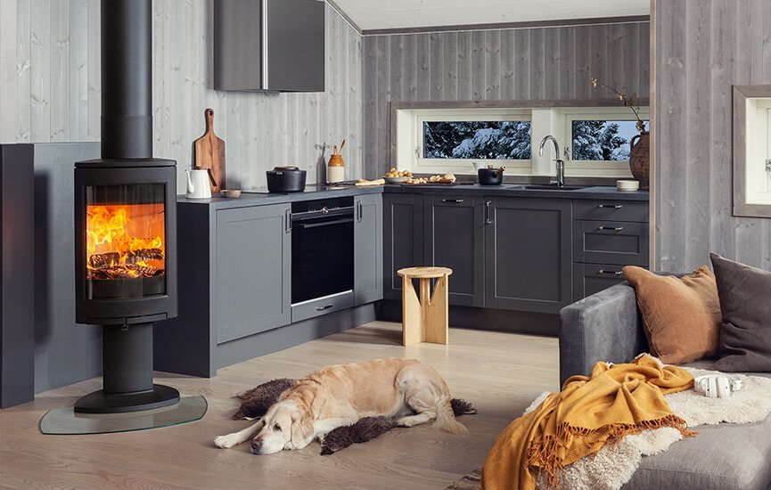 Jøtul F 373 Advance vedovn i sort støpejern plassert på kjøkken med hund foran.