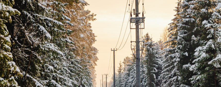 Strømledninger i vinterlandskap