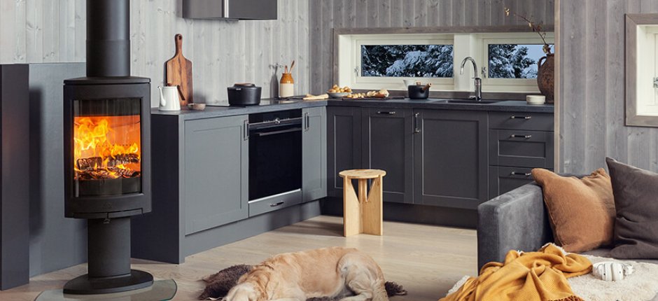 Jøtul F 373 Advance vedovn i sort støpejern plassert på kjøkken med hund foran.