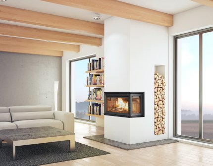 Jøtul I 620 FRL peis som romdeler med glass på tre sider